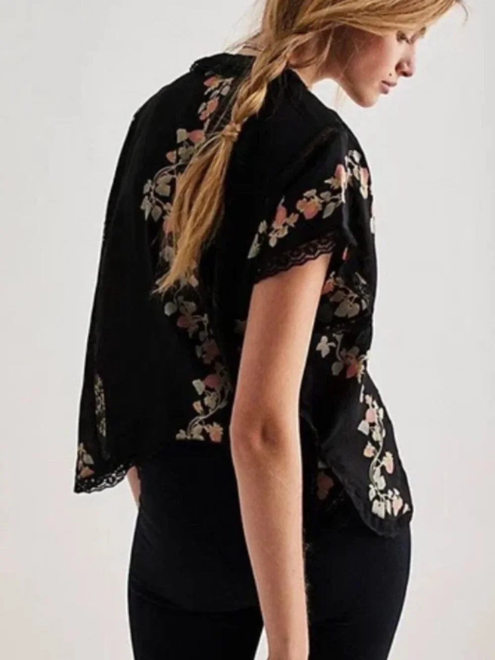Free People Marigold Printed Shine Lace Top Black Buttondown Lace XS